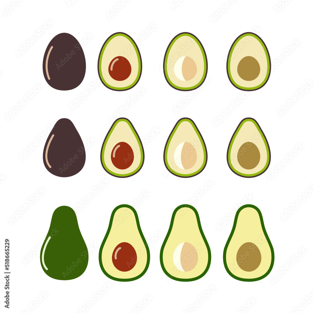 Avocado set simple flat design food vector illustration. Avocado set simple flat design food vector illustration.