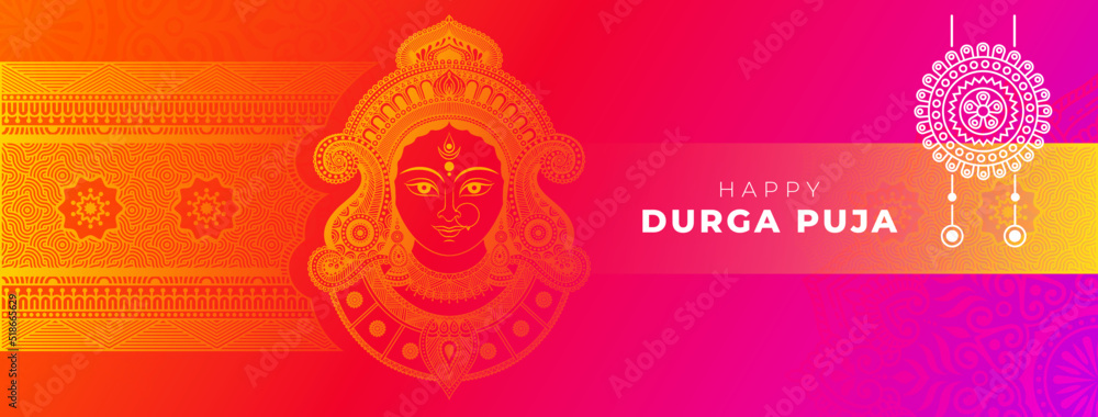 Durga Puja Festival Celebration Banner Background Template Design with Goddess Durga Face Illustration