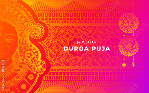 Durga Puja Festival Celebration Background Template Design with Goddess Durga Face Illustration photo