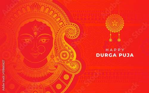 Happy Durga Puja Festival Celebration Greeting Background Design Template with Hindu Goddess Durga Face Illustration photo