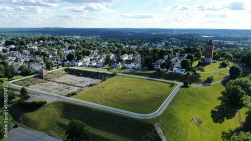 Aerial view of High Service Water Tower and Reservoir in city of Lawrence, Massachusetts, USA. photo