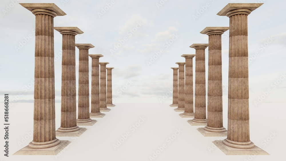 Realistic ancient antique columns. 3D rendering. Image with perspective. Against the background of the sky. Product presentation. Advertising. Banner. Background. Place for text. Copy space.