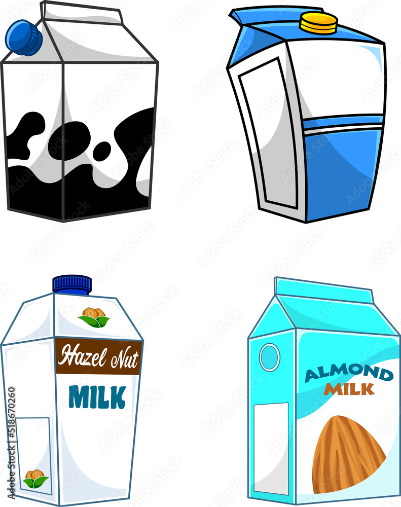 Cartoon Different Milk Carton Box. Vector Hand Drawn Collection Set  Isolated On White Background Stock Vector | Adobe Stock
