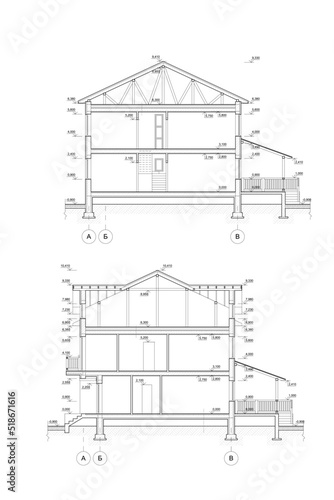 Townhouse building detailed architectural technical drawing, vector blueprint