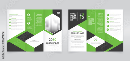 Green and black colored modern trifold brochure template, trifold flyer layout, pamphlet, leaflet	