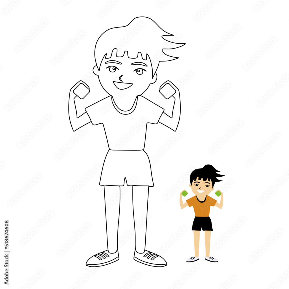 Cute girl with dumbbells, cheerful baby with a smile linear vector illustration. Coloring book for children. Cute girl with dumbbells, cheerful baby with a smile linear vector illustration. Coloring book for children.