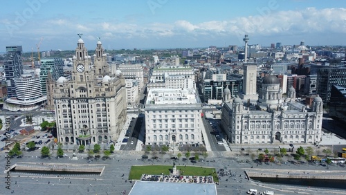 Aerial shot of Liverpool pierhead showing the Liver Building, Cunard Building and Port of Liverpool. photo