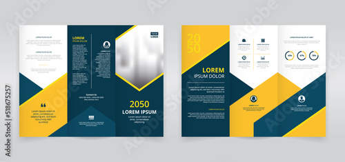 Dark blue and yellow colored trifold brochure template, trifold flyer layout, pamphlet, leaflet	 photo