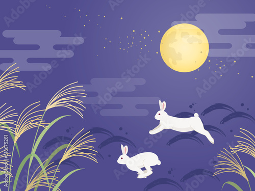 十五夜に跳ねるうさぎ_イメージ背景_ベクターイラスト