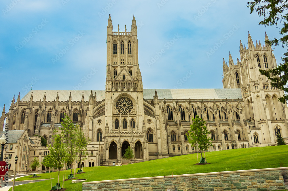 front view  of Washington National Cathedral, the sixth largest Gothic cathedral in the world.