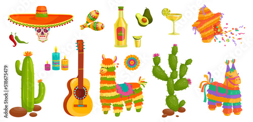 Collection of festival paraphernalia for the Cinco de Mayo holiday. Cartoon vector graphics.