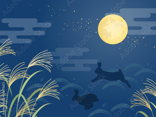 十五夜に跳ねるうさぎシルエット_背景イメージ_ベクターイラスト
