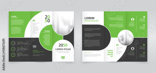 Modern trifold brochure template with green and black rectangles and circles, trifold flyer layout, pamphlet, leaflet	