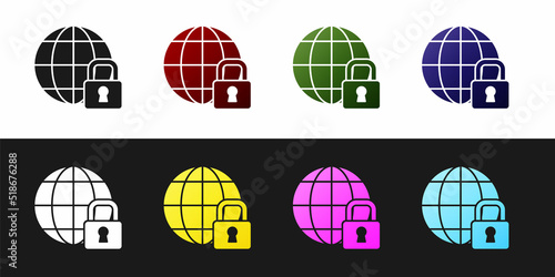 Set Global lockdown - locked globe icon isolated on black and white background. Vector