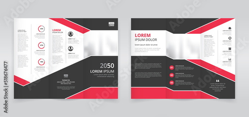 Red and black colored corporate trifold brochure template, trifold flyer layout, pamphlet, leaflet	 photo