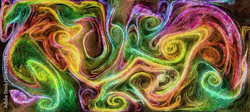 Digital render painterly styled patterns and smooth flowing lines and bubbles paint acrylic photo