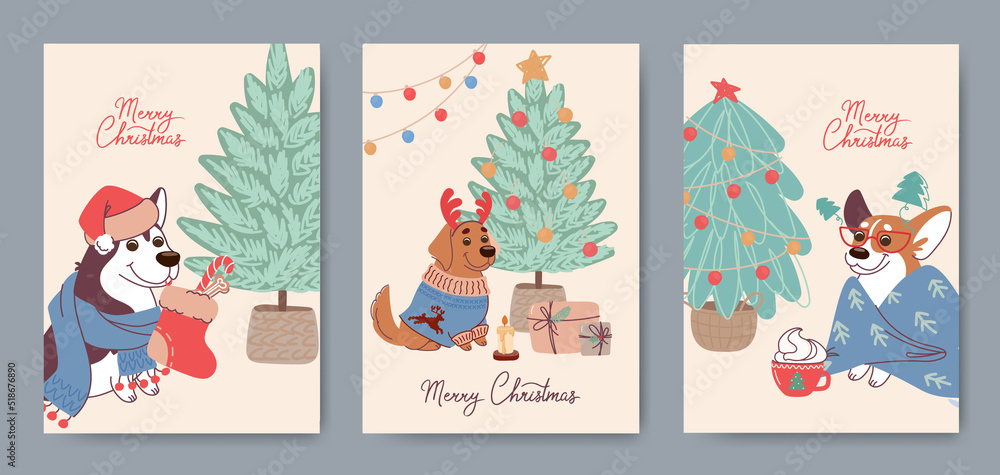 Set of fun Christmas cards with cute dogs of different breeds. Vector greeting cards in flat style. Cartoon characters labrador, husky and corgi in festive costumes near the Xmas tree