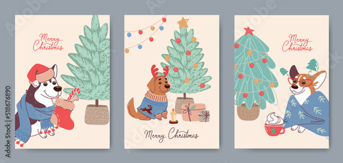 Set of fun Christmas cards with cute dogs of different breeds. Vector greeting cards in flat style. Cartoon characters labrador, husky and corgi in festive costumes near the Xmas tree