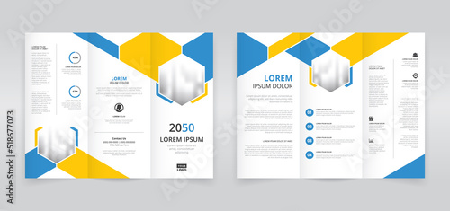Minimal and modern trifold brochure template with blue and yellow stripes and hexagon shapes, trifold flyer layout, pamphlet, leaflet	