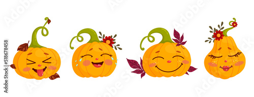 Set of autumn pumpkins, cute characters for Halloween. Cartoon vector graphics.