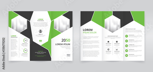 Green and black colored modern trifold brochure template with random polygons and hexagons, trifold flyer layout, pamphlet, leaflet	