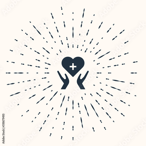 Grey Heart with a cross icon isolated on beige background. First aid. Healthcare, medical and pharmacy sign. Abstract circle random dots. Vector