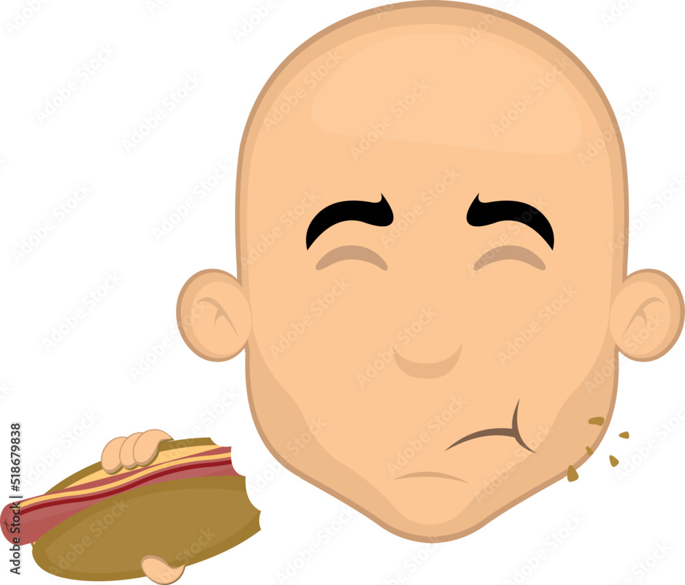 Vector illustration of the face of a cartoon bald man eating a hot dog Vector illustration of the face of a cartoon bald man eating a hot dog
