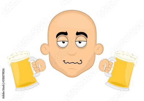 Vector illustration of the face of a drunk cartoon bald man with beers in his hands