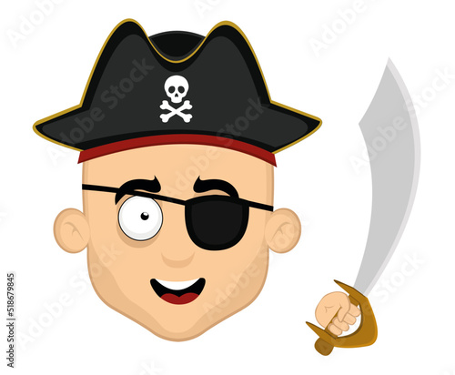 Vector illustration of the face of a cartoon pirate with a hat, eye patch and a sword in his hand