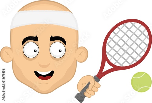 Vector illustration of the face of a cartoon bald man with a happy expression, with a tennis racket, ball and headband