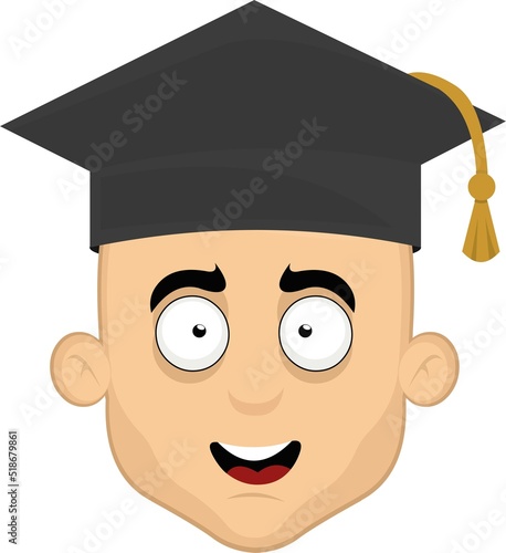 Vector illustration of the face of a cartoon man with a cheerful expression and a graduation hat