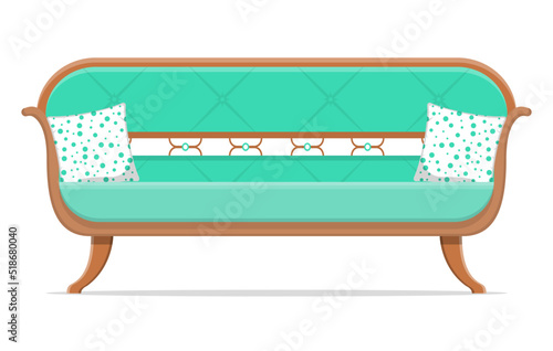 Green sofa and couch colorful cartoon illustration vector. Comfortable lounge for interior design isolated on white background. Modern model of settee icon.
