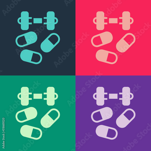 Pop art Sports doping, anabolic drugs with dumbbell icon isolated on color background. Anabolic steroids tablet. Pills in jar. Vector
