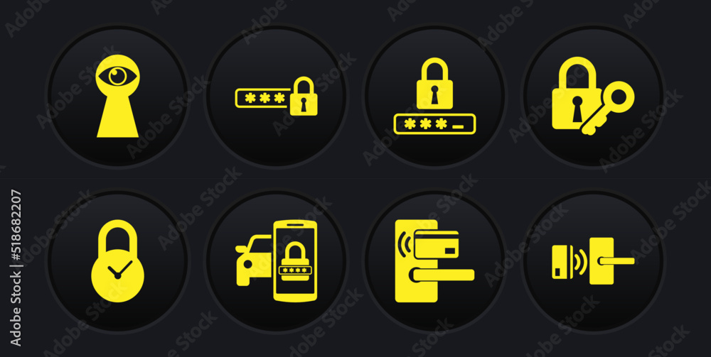Set Padlock with clock, Lock and key, Smart car security system, Digital door wireless, Password protection and icon. Vector Set Padlock with clock, Lock and key, Smart car security system, Digital door wireless, Password protection and icon. Vector