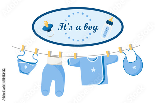 Vector illustration of blue clothes for a little boy hanging on a rope and the inscription - It's a boy
