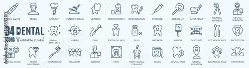 Dental elements editable stroke pictogram and minimal thin line web icon set. Outline icons collection. Simple vector illustration