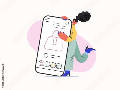 Shopping application - Online shopping and electronic commerce series - modern flat vector concept illustration of a woman with her mobile phone. Promotion, discounts, sale and online orders concept