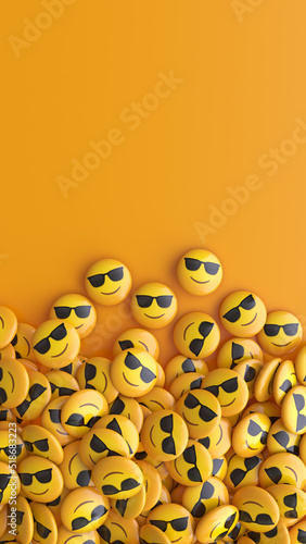 3d rendering of a lot of emojis with sunglasses. Vertical shot with copy space.