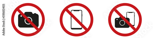 No Photographing prohibition sign symbol icon.  Warning sign with photo and phone is prohibited. Vector graphics eps10
