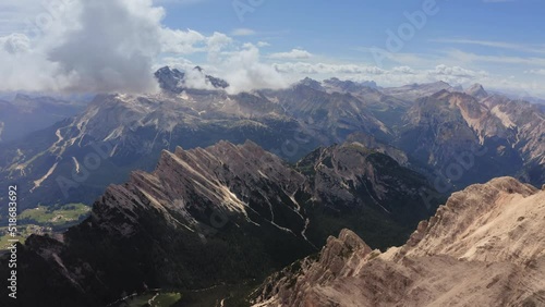 Aerial view of Dolomites Mountains, Alps, Italy. Drone footage. photo