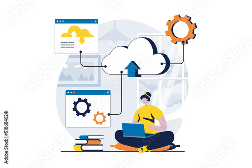 SaaS concept with people scene in flat cartoon design. Woman working with hosting, uploading and downloading files, cloud technology. Software as a service. Vector illustration visual story for web
