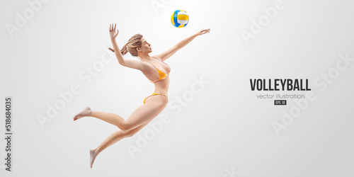 Realistic silhouette of a volleyball player on white background. Volleyball player woman hits the ball. Vector illustration