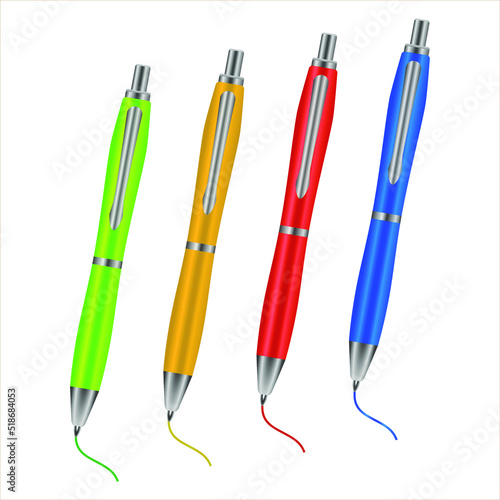 Colored ballpoint pens isolated on white background, vector illustration. School supplies. Red, blue, yellow and green ballpoint pens