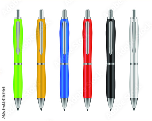 Set colored ballpoint pens isolated on white background, vector illustration. School supplies. Red, blue, yellow and green ballpoint pens. Realistic writing utensils for advertising
