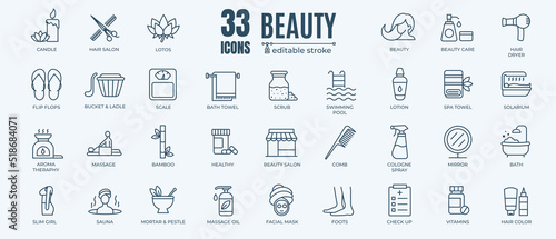 Beauty and spa icon set with editable stroke and white background. Thin line style stock vector.