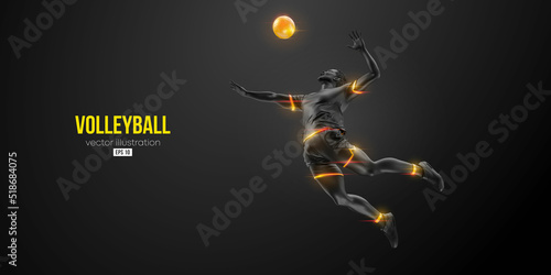 Abstract silhouette of a volleyball player on black background. Volleyball player man hits the ball. Vector illustration
