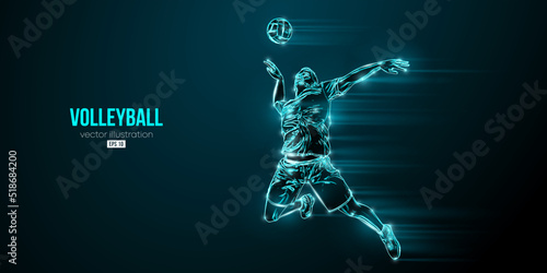 Abstract silhouette of a volleyball player on blue background. Volleyball player man hits the ball. Vector illustration