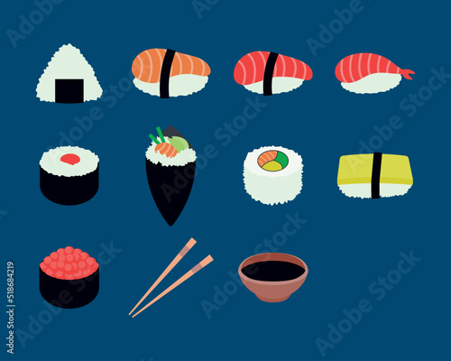 Sushi Elements Set. Japanese traditional food icon. Vector illustration for menu, poster and restaurant.
