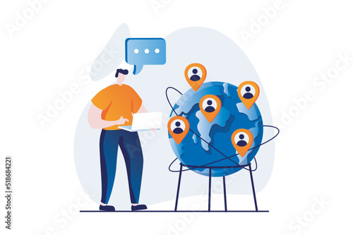 Social network concept with people scene in flat cartoon design. Man communicates online with different people around world using chats, messengers and laptop. Vector illustration visual story for web