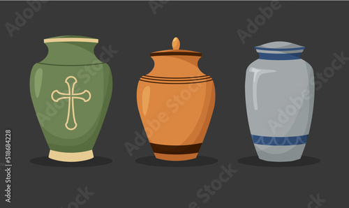 Set of urn for ashes. Cremation and funeral urn with dust. Burial and dead man. Vector illustration isolated on dark background.	 photo